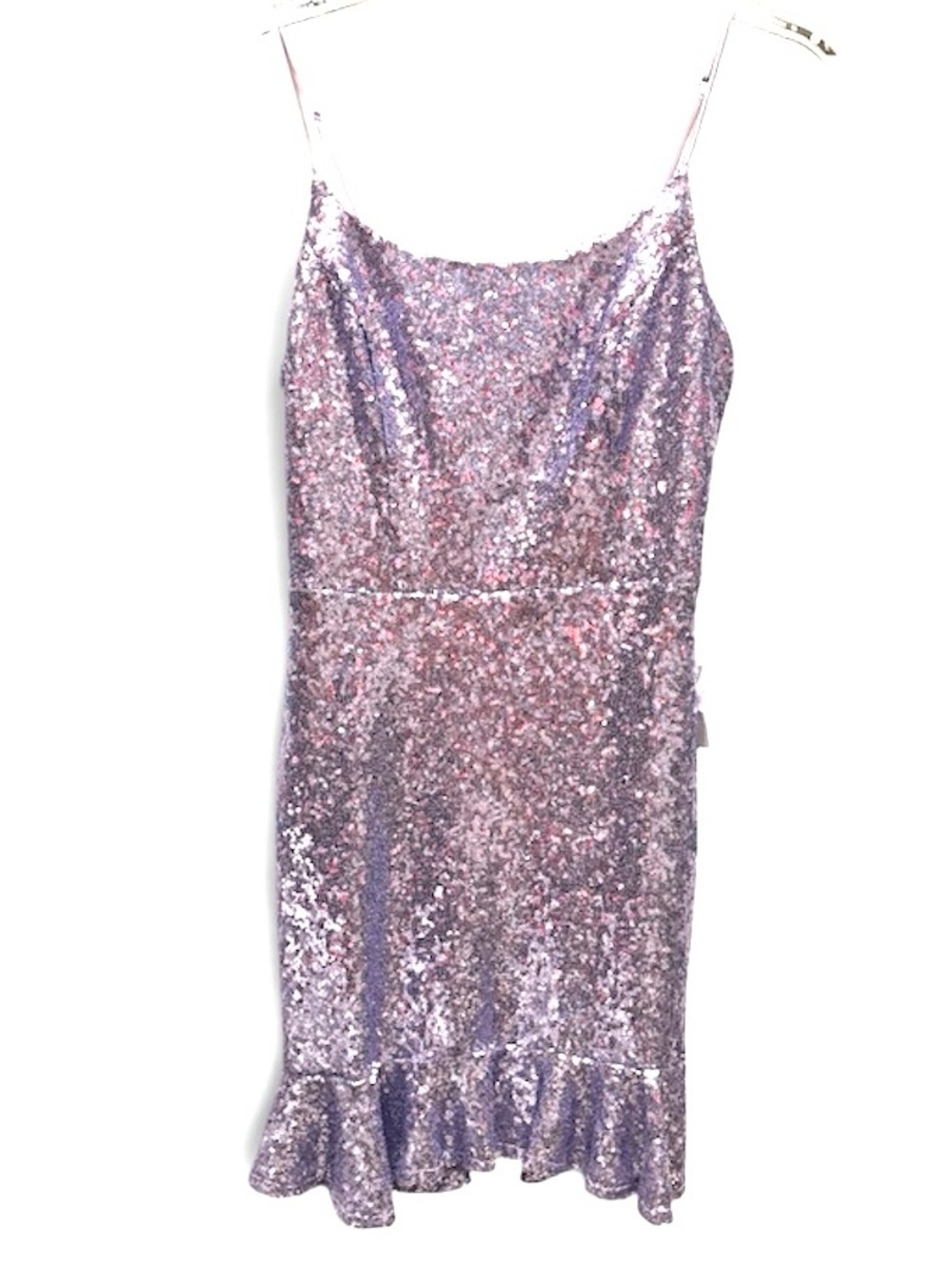 B Darlin Lilac Sequin Spaghetti Strap Ruffle Hem Dress